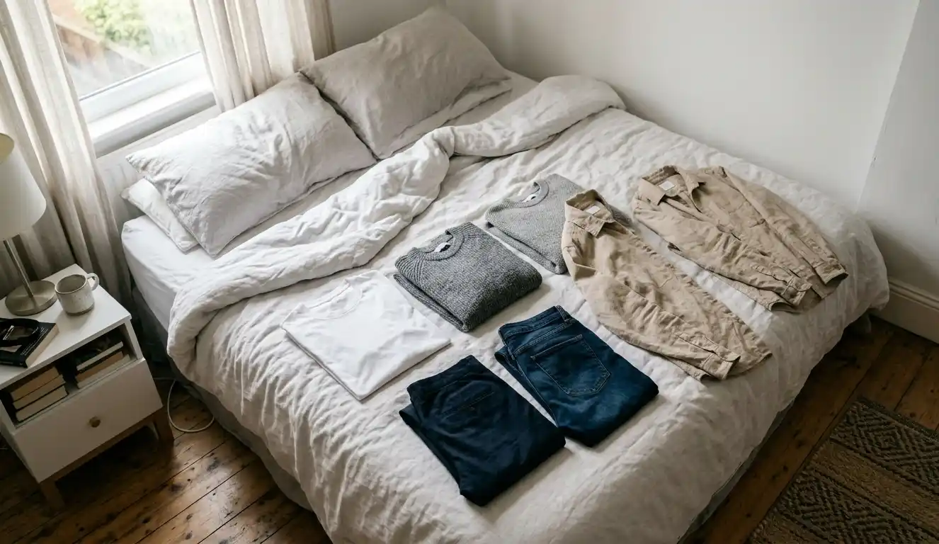 Flat lay of neutral men’s clothing including white grey navy and beige pieces.