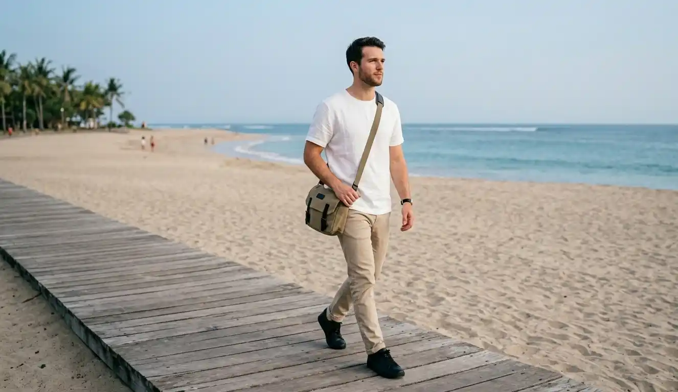 Man wearing neutral coloured outfit walking outside.