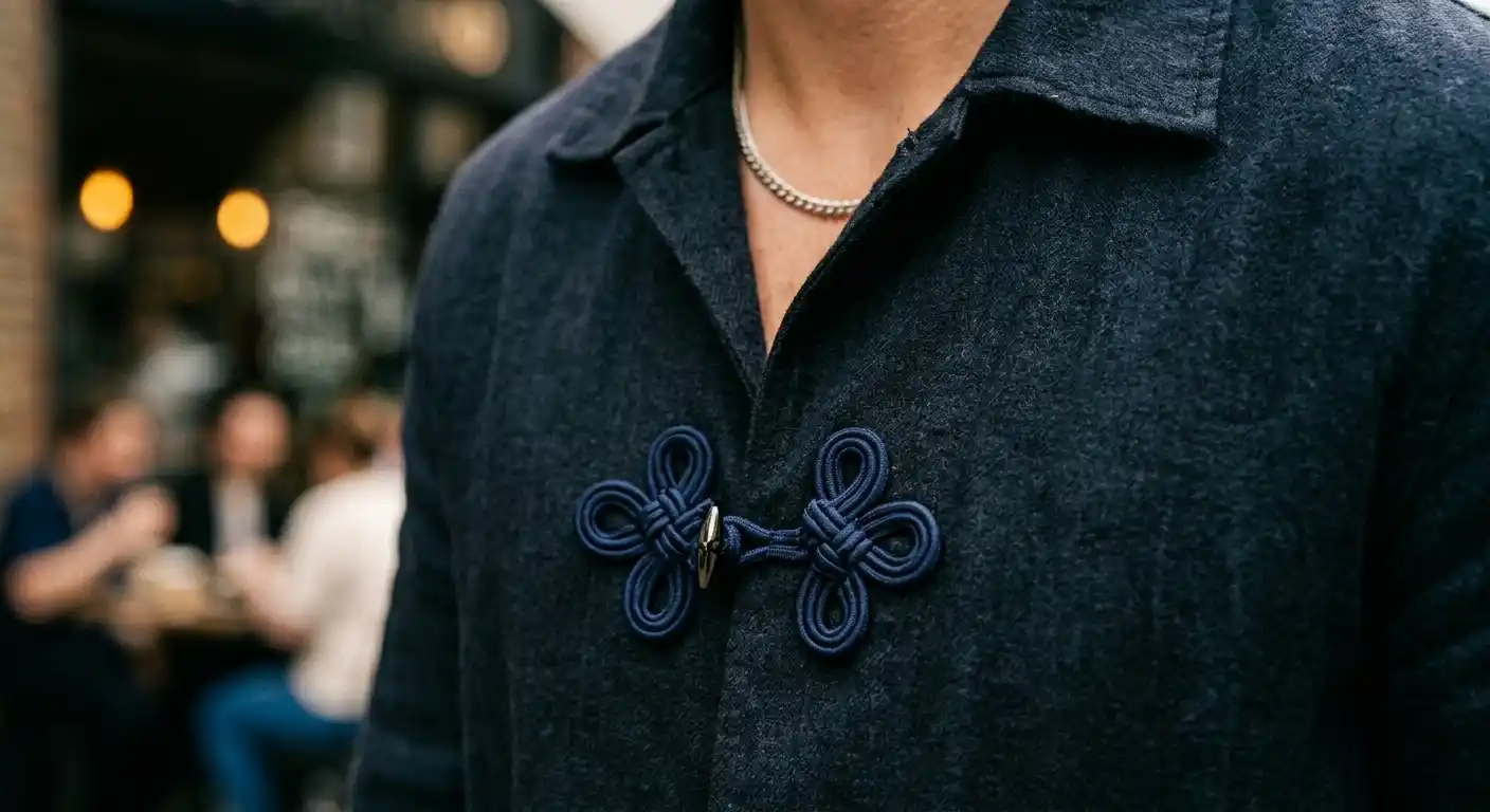 Close-up of a modern jacket with refined pankou knot fastening detail.