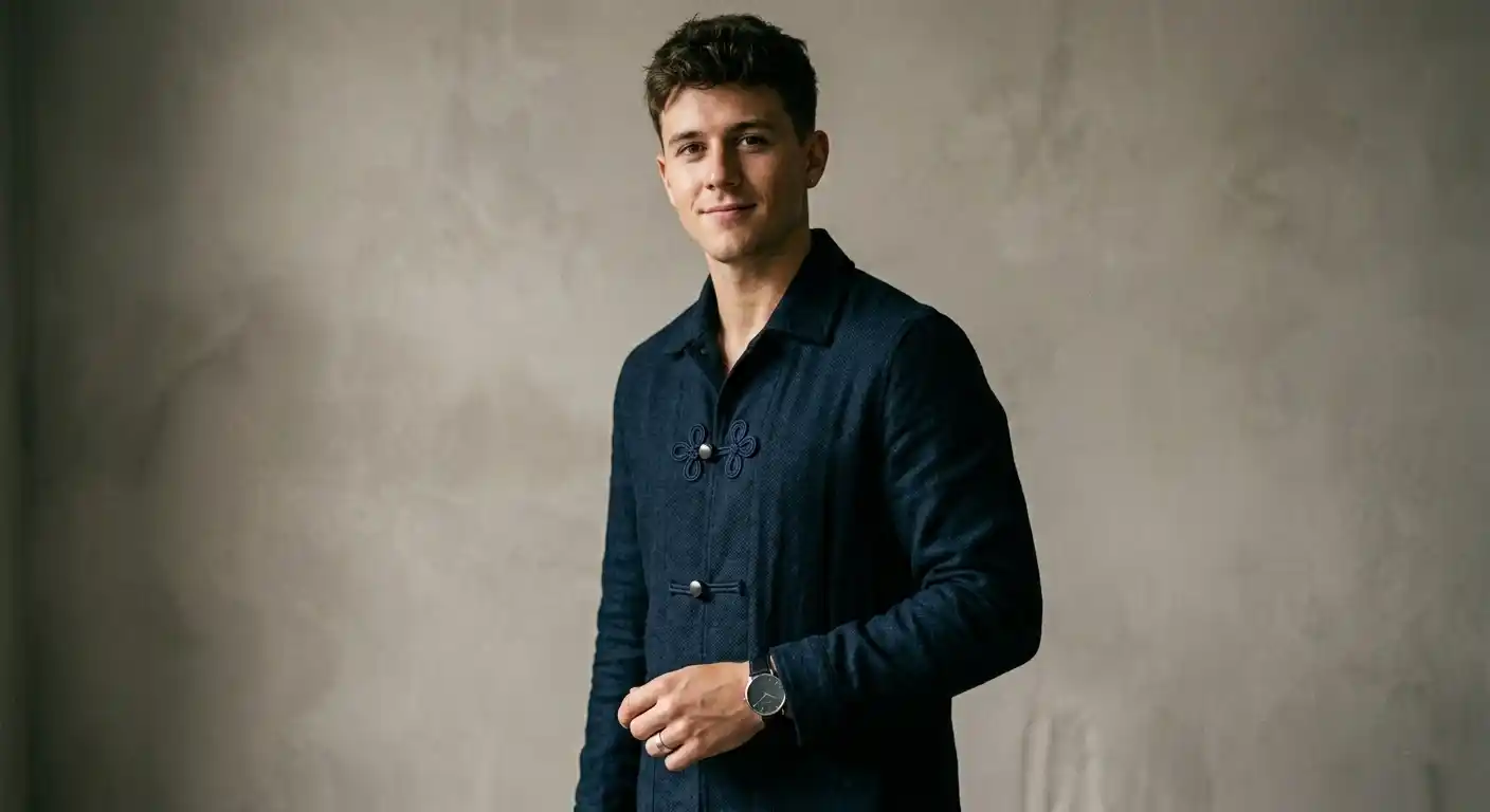 Man in tailored jacket with pankou knot fastening in a minimalist editorial setting.