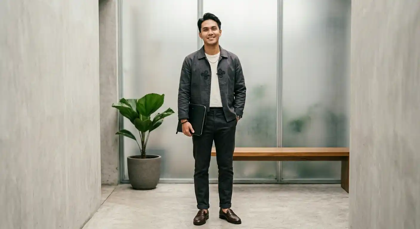 Jaket rapi dengan detail Chinese knot dipadukan dengan celana formal dan loafers.
