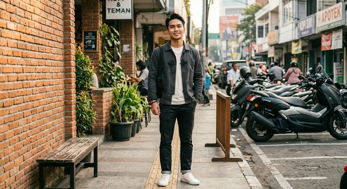 Pria memakai jaket dengan Chinese knot dipadukan dengan jeans gelap dan sneakers.