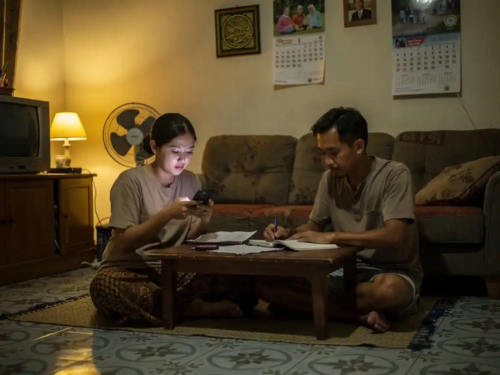 Pasangan duduk bersama di rumah melakukan aktivitas berbeda dengan tenang.