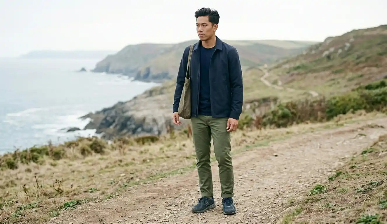 Man at a coastal path with well-fitted clothing showing proper sleeve length and trouser break.