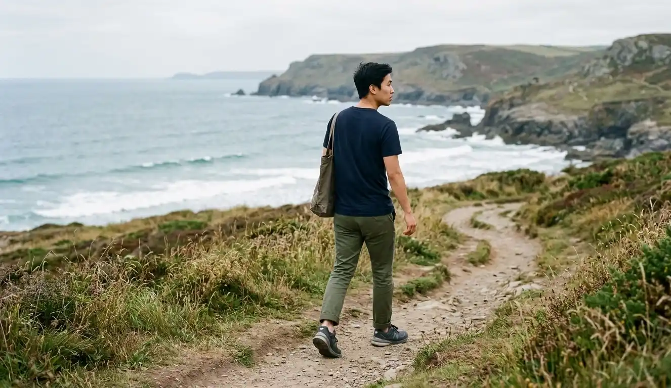 Man walking on a quiet coastal path wearing a well-fitted minimalist outfit, not looking at the camera.