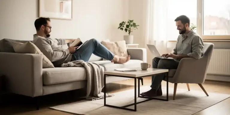 Two people sitting together in a living room while focusing on separate activities, reflecting personal space.
