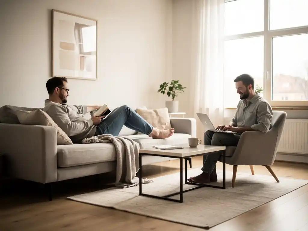 Two people sitting together in a living room while focusing on separate activities, reflecting personal space.