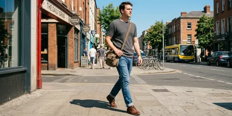 Man walking in the city wearing a simple well-fitted outfit.