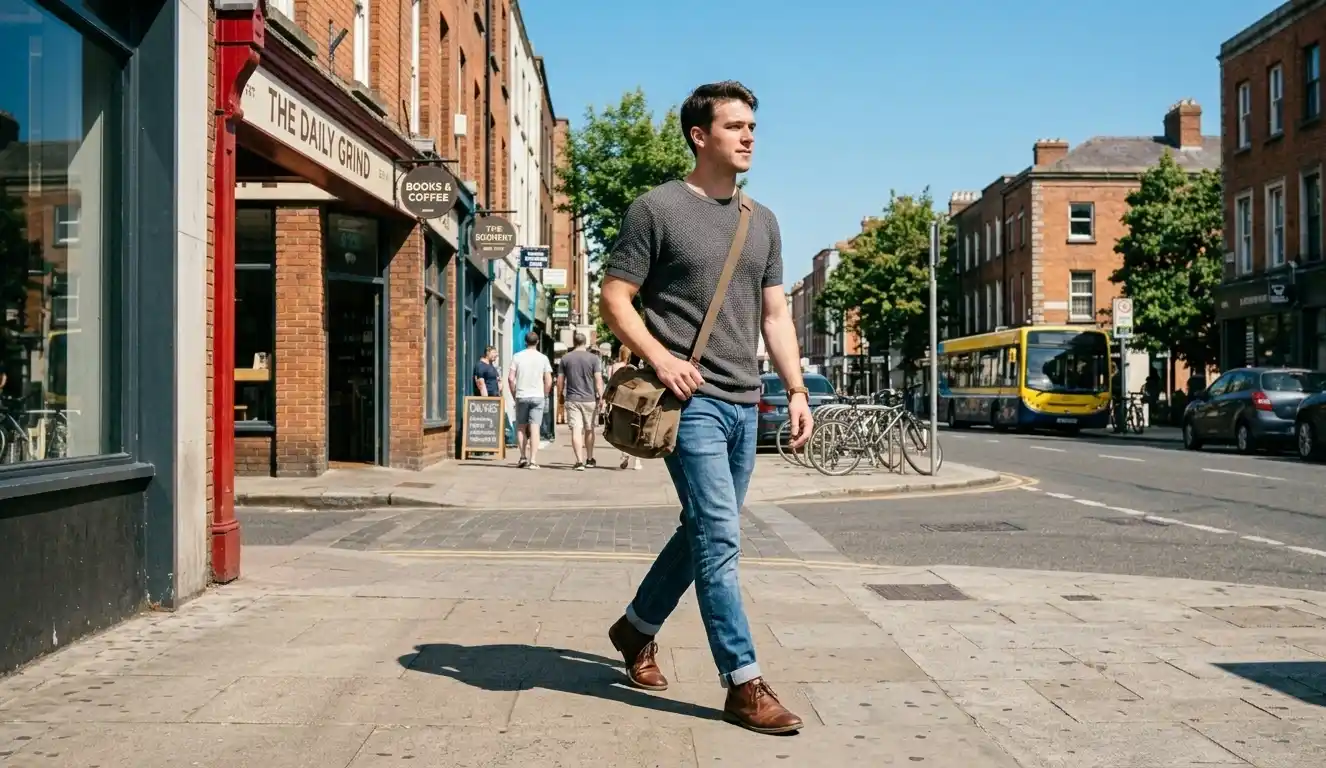 Man walking in the city wearing a simple well-fitted outfit.