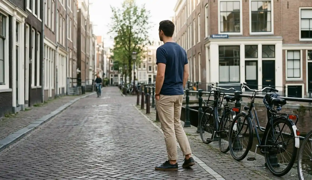 Man standing alone in simple outfit on quiet street.