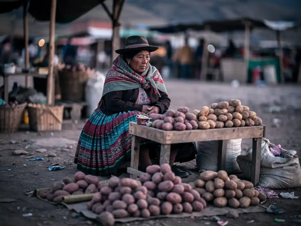 A woman selling potatoes at a traditional market in the Peruvian Andes.