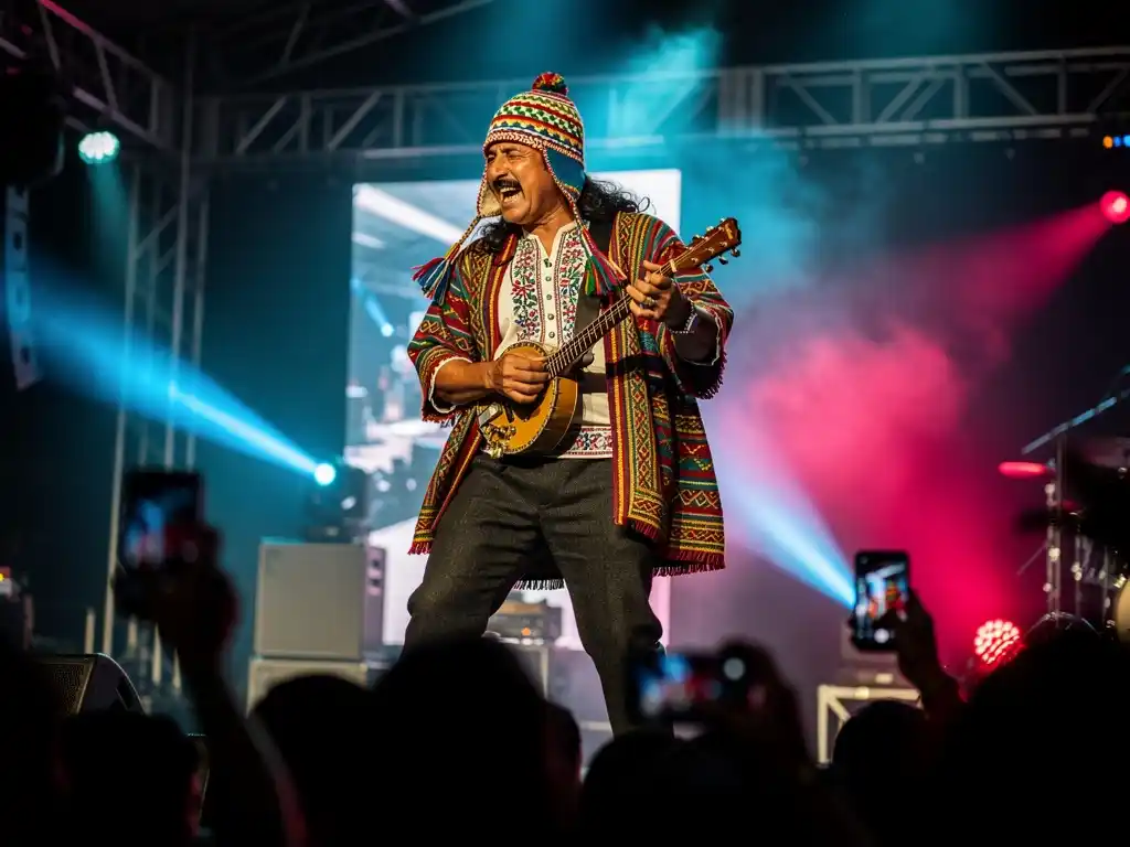 Peruvian male musician performing on stage wearing traditional Andean clothing.