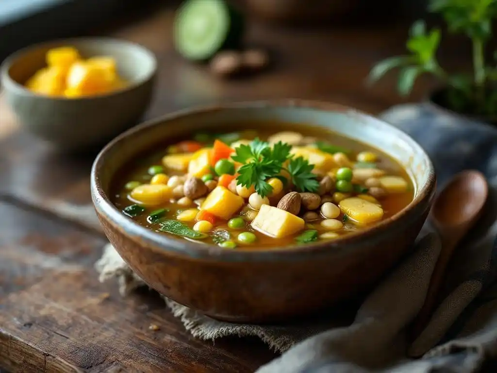 Semangkuk sayur asem dengan sayuran.