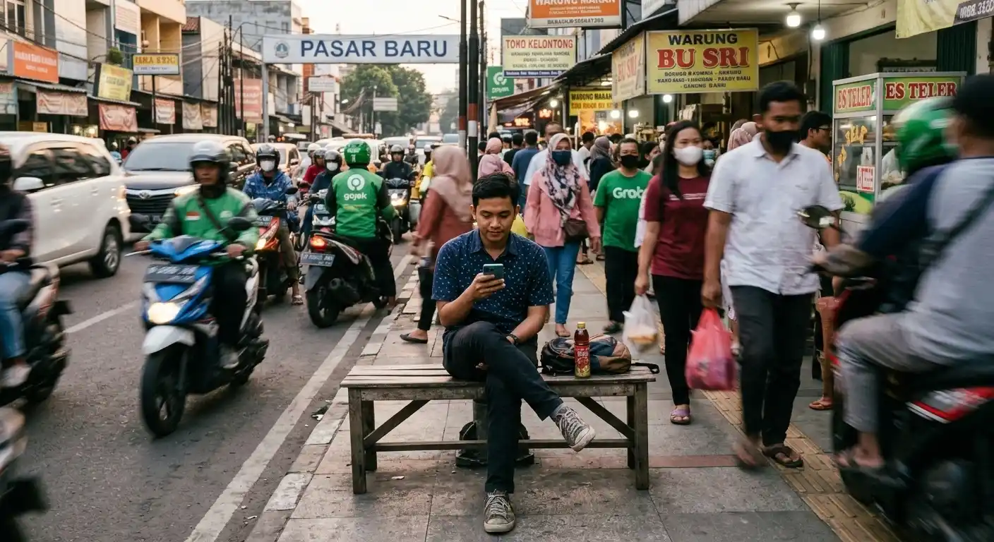 Seseorang menggunakan smartphone di tempat ramai dengan orang berlalu lalang.