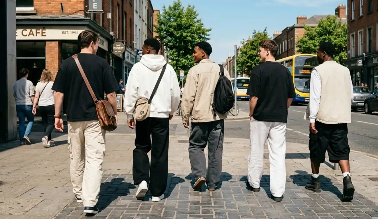 Group of men wearing similar neutral outfits walking on a city street.
