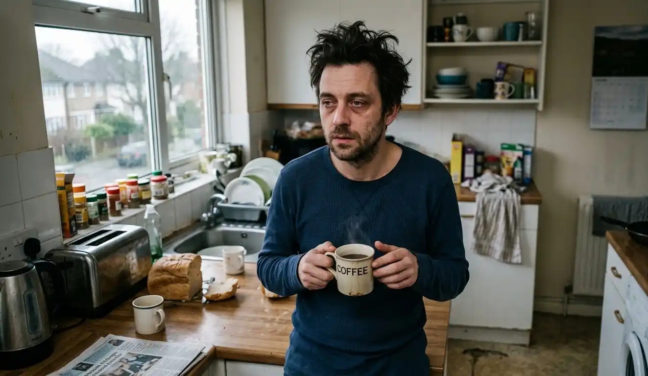 Sleep-deprived man holding coffee in a kitchen with tired expression.