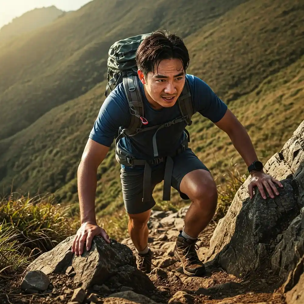 Man hiking uphill on a steep rocky mountain trail with a backpack, using his hands to climb.