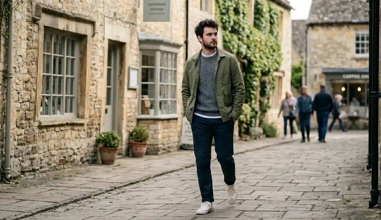 Man wearing neutral outfit with subtle green jacket walking in a street.