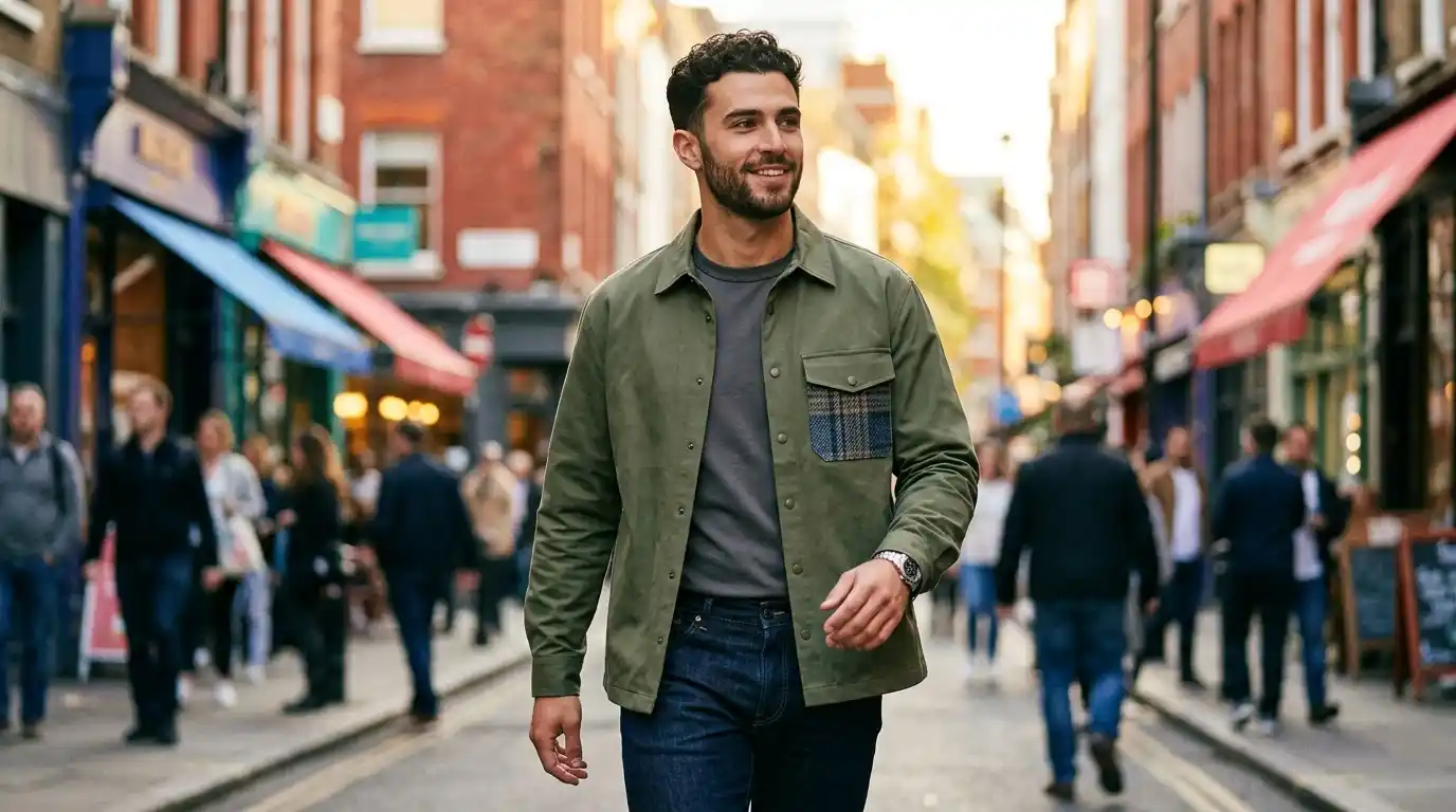 Man wearing a subtle heritage detail in a modern outfit walking confidently.
