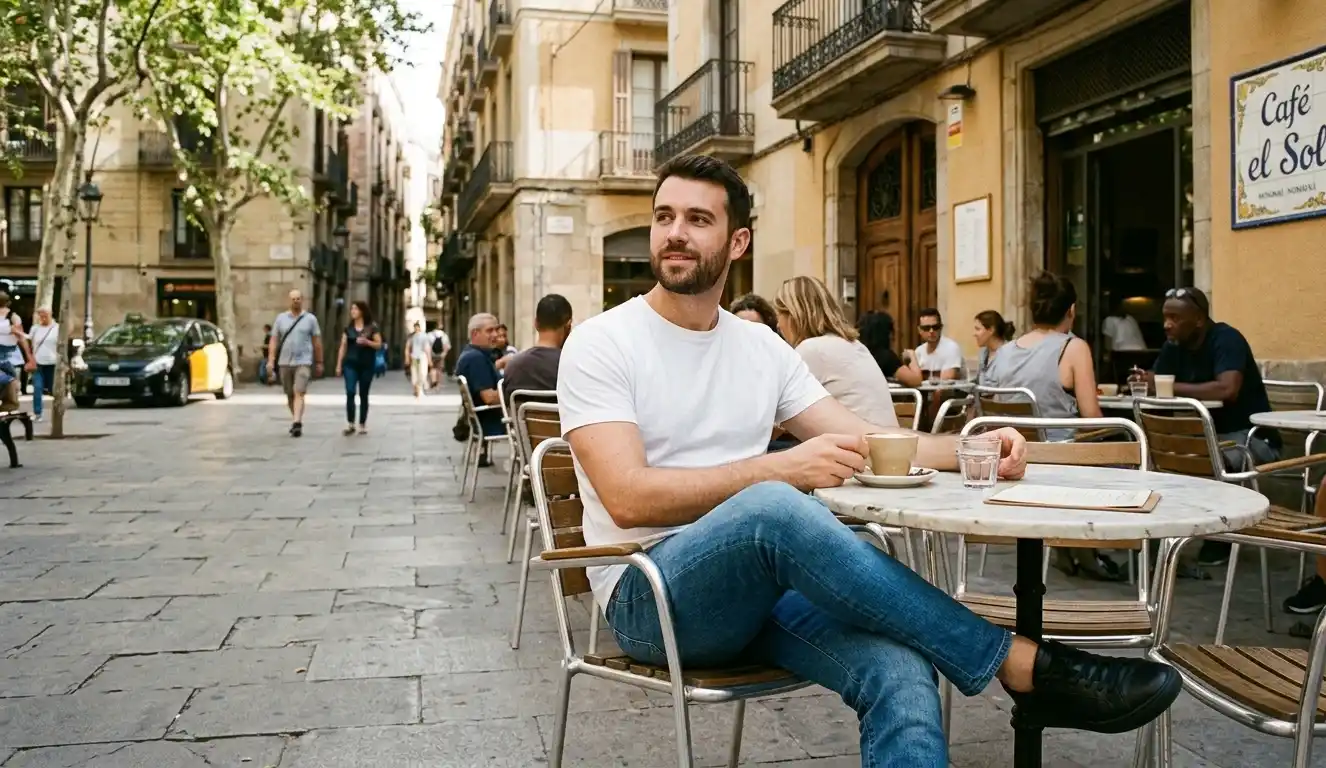 Man wearing simple outfit sitting at outdoor café.