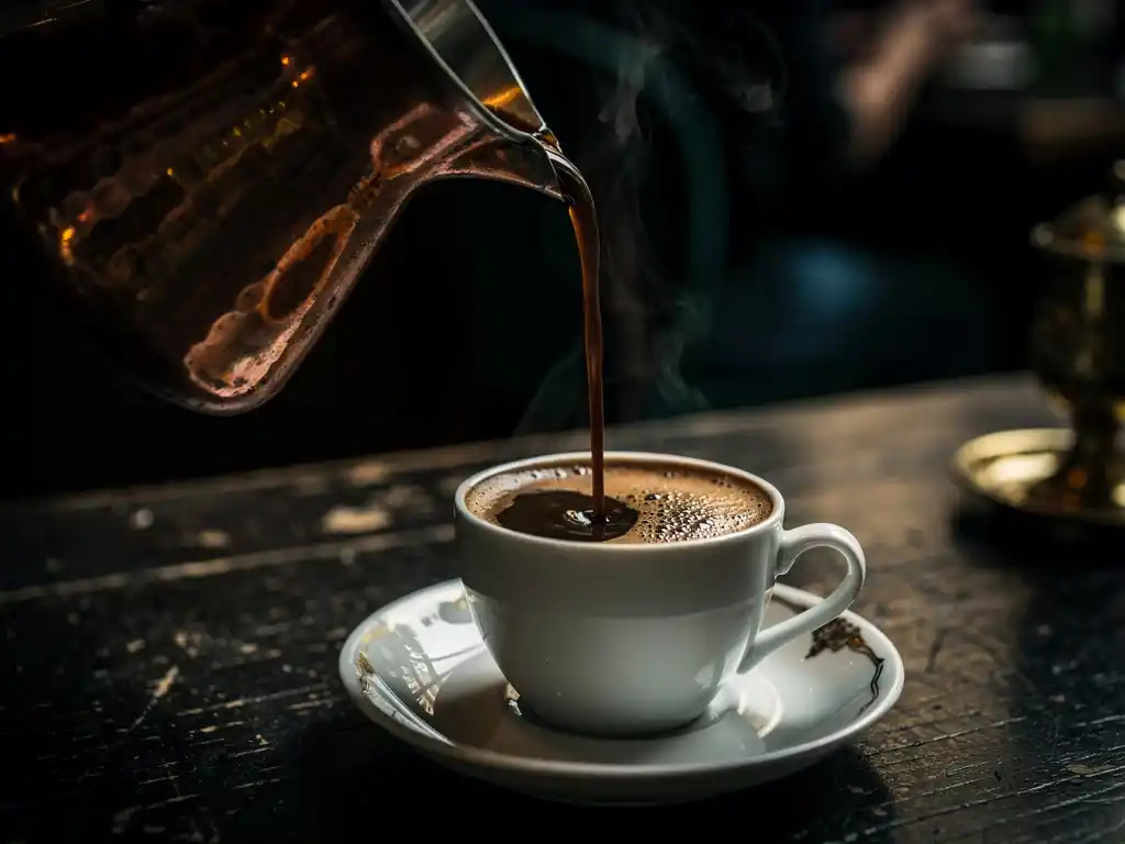 Close-up of Turkish coffee being poured from a copper cezve with thick foam and steam.