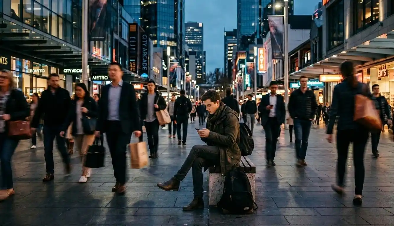 Person focused on phone in a busy city environment with blurred crowd.