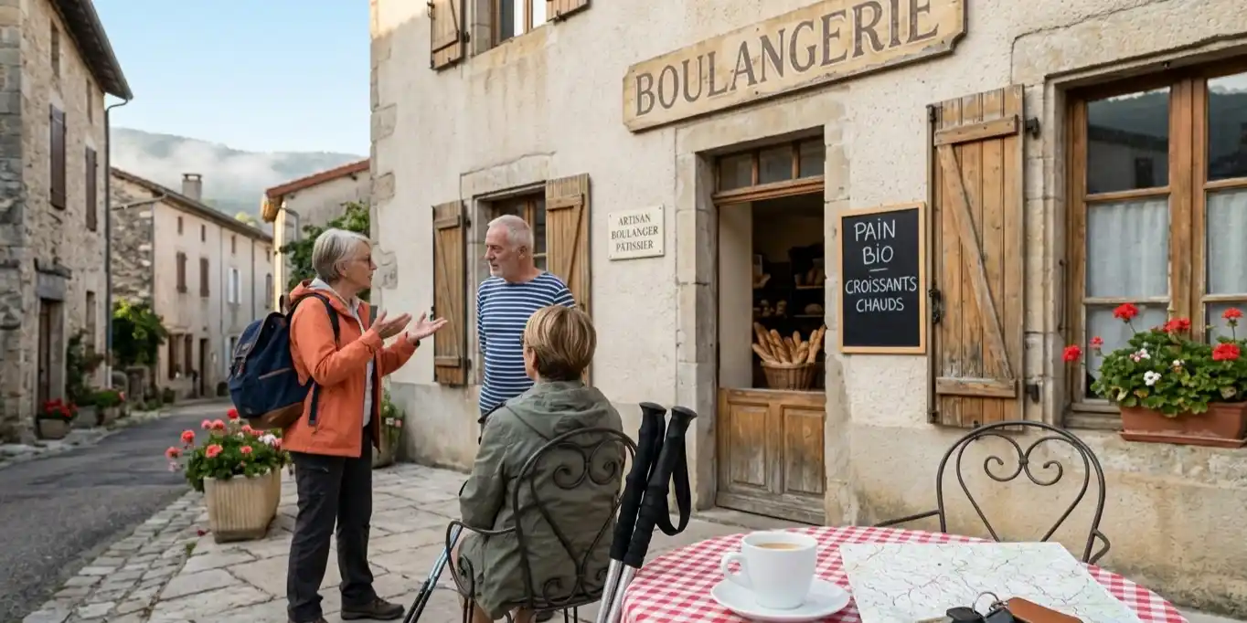 People chatting outside a small village bakery with coffee on a table.