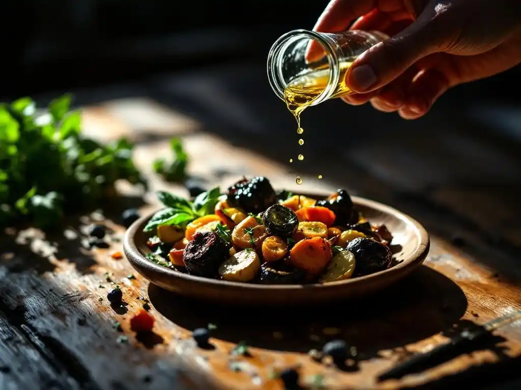 Hand adding vinegar to roasted vegetables.