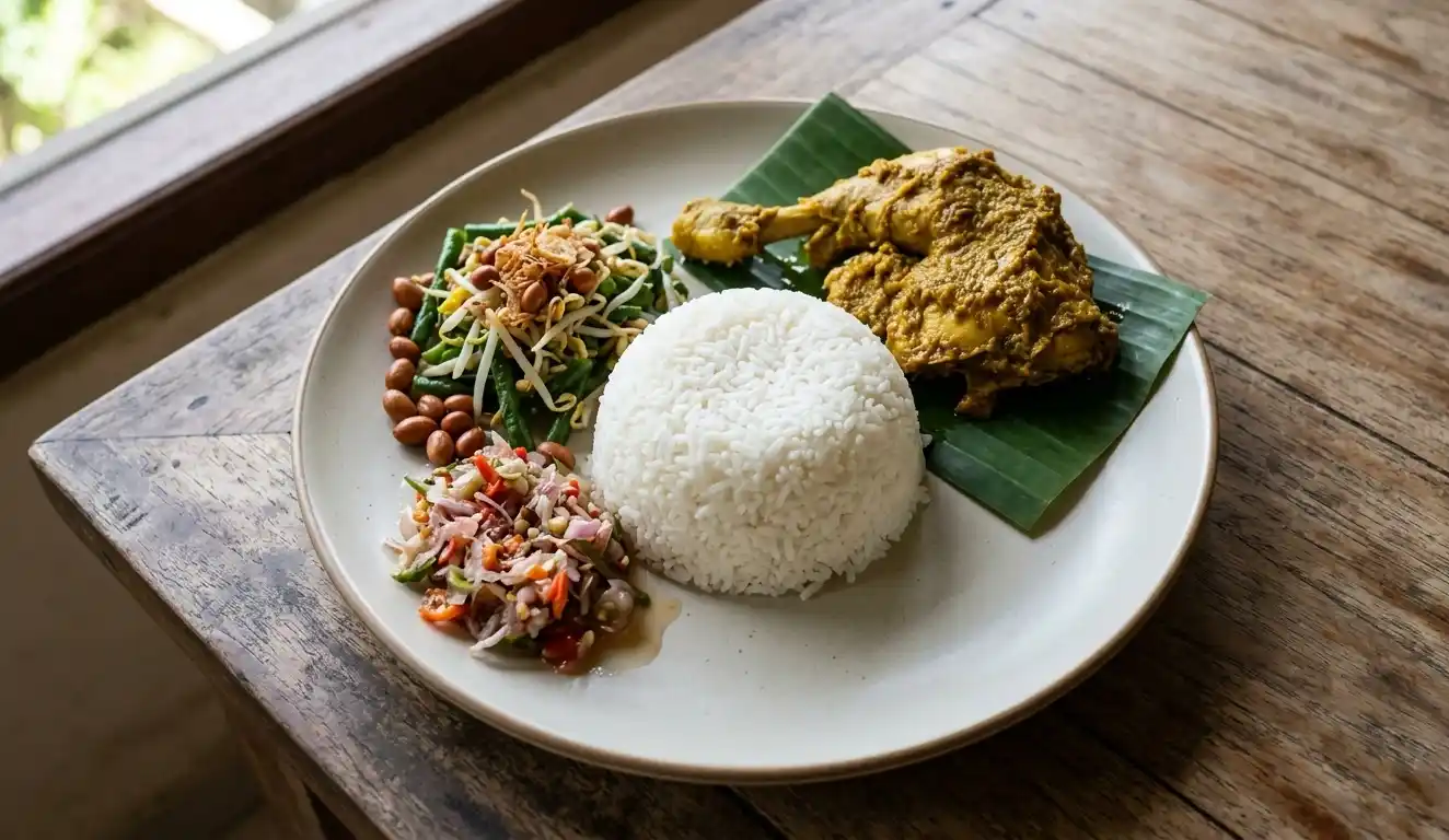 Plate of Balinese Ayam Betutu with rice, vegetables and sambal on a wooden table.