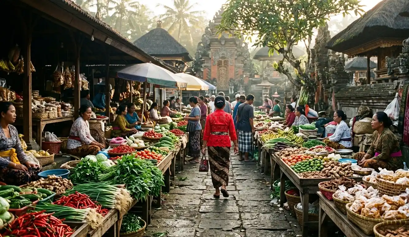Busy Balinese morning market with fresh vegetables, red chillies and locals walking through narrow stalls.