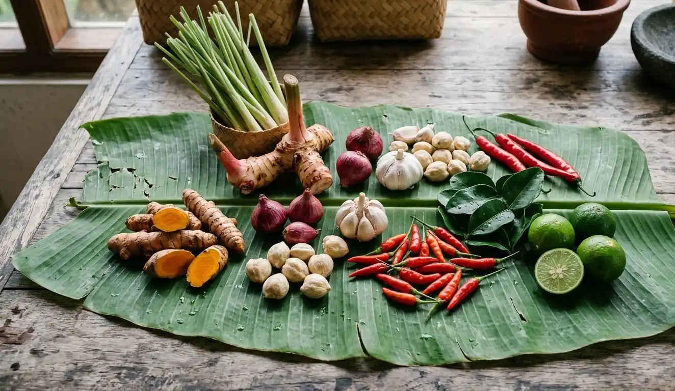Balinese cooking ingredients like turmeric, lemongrass, chillies and limes arranged on a banana leaf.