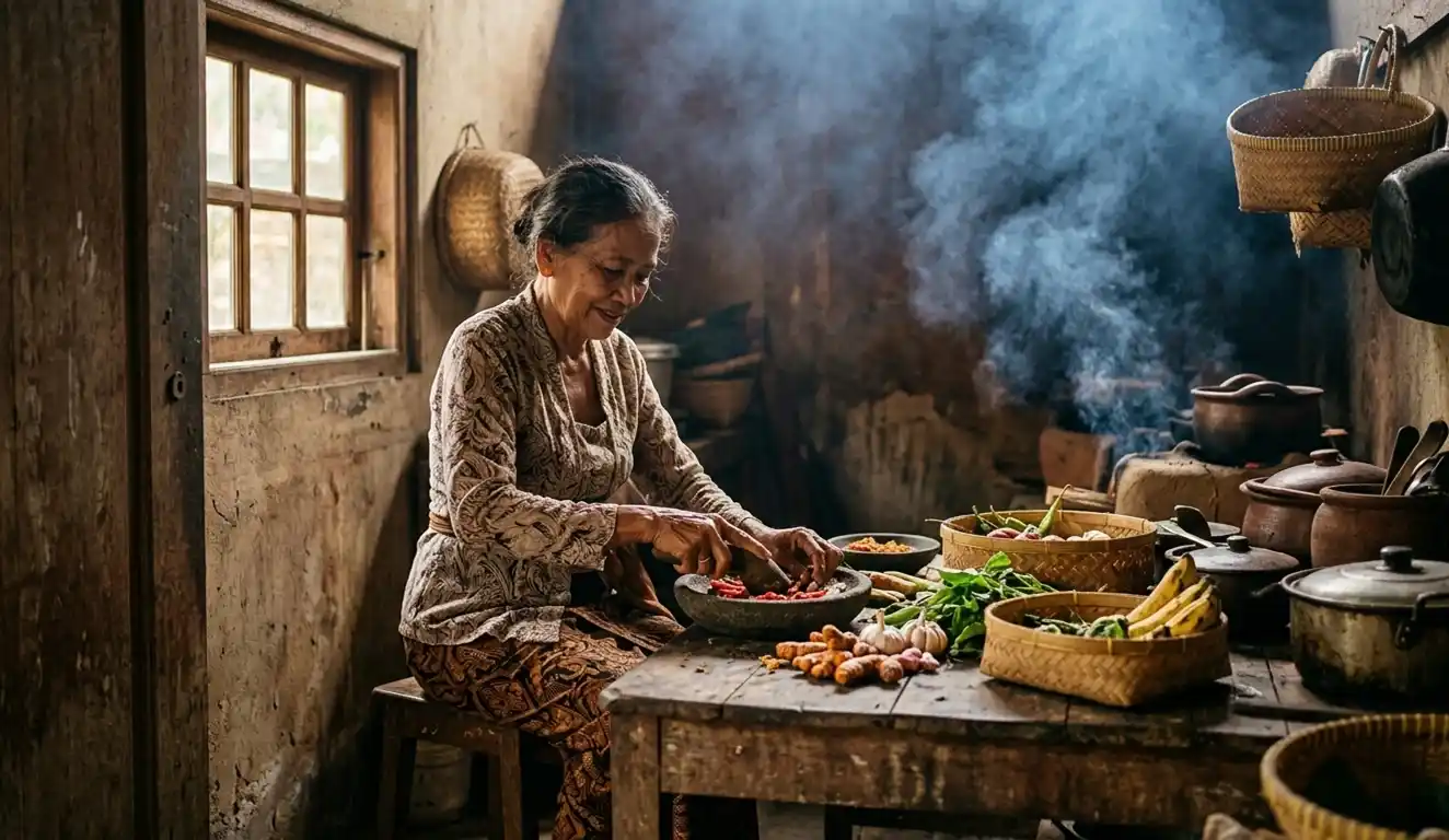 Balinese woman preparing traditional food in a smoky rustic kitchen with soft window light.