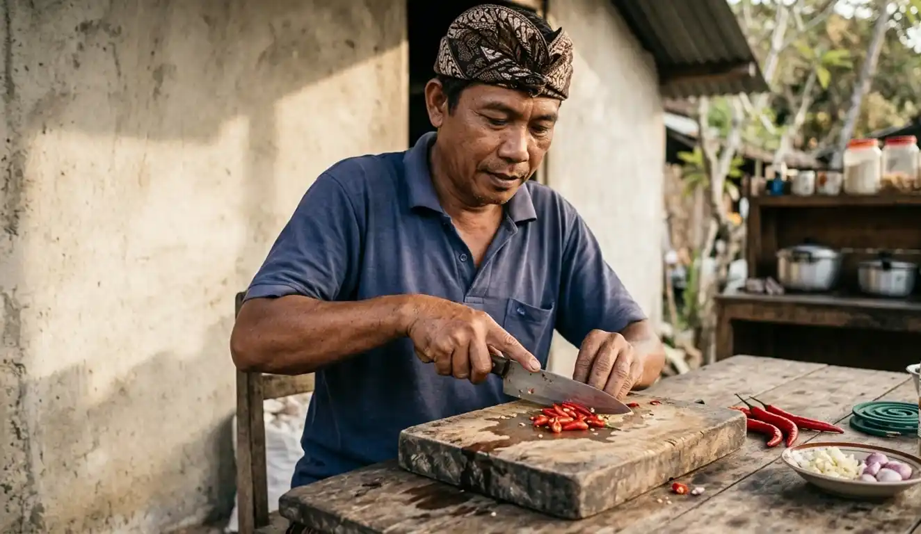Balinese man chopping red chillies on a wooden board in a simple outdoor kitchen.