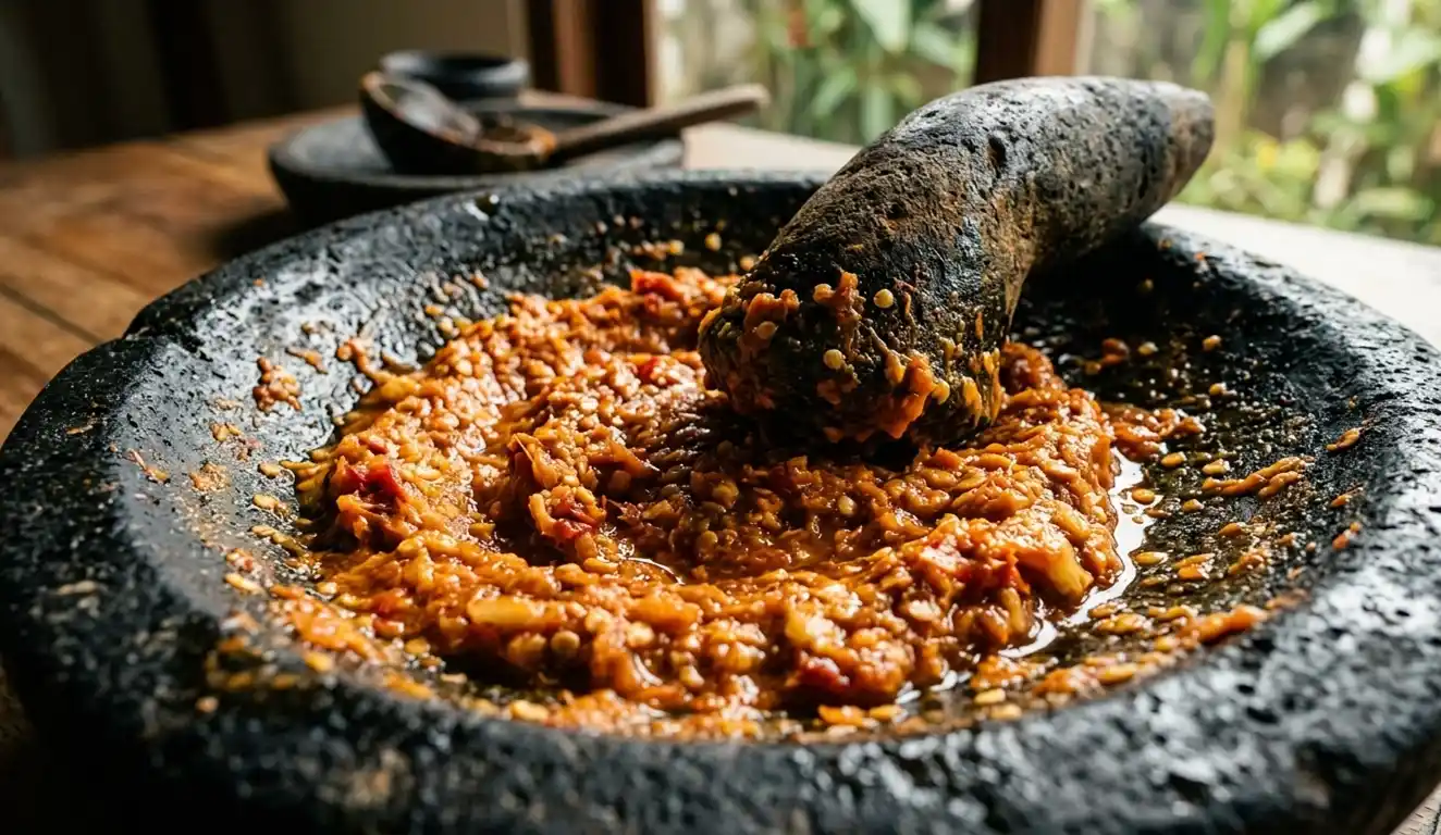 Balinese spice paste being ground in a stone mortar with a pestle, showing rich texture and chilli seeds.