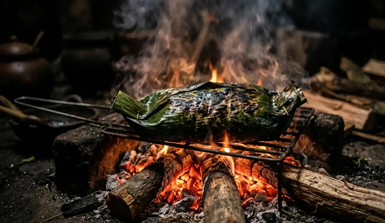 Banana leaf-wrapped food cooking on glowing charcoal with fire and smoke in a dark setting.