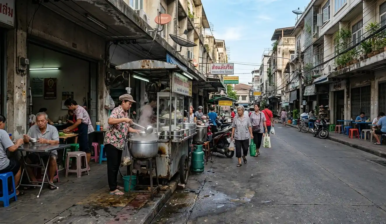 Noodle vendors preparing food beside a worn pavement in Bangkok during the early morning with everyday street activity around them.