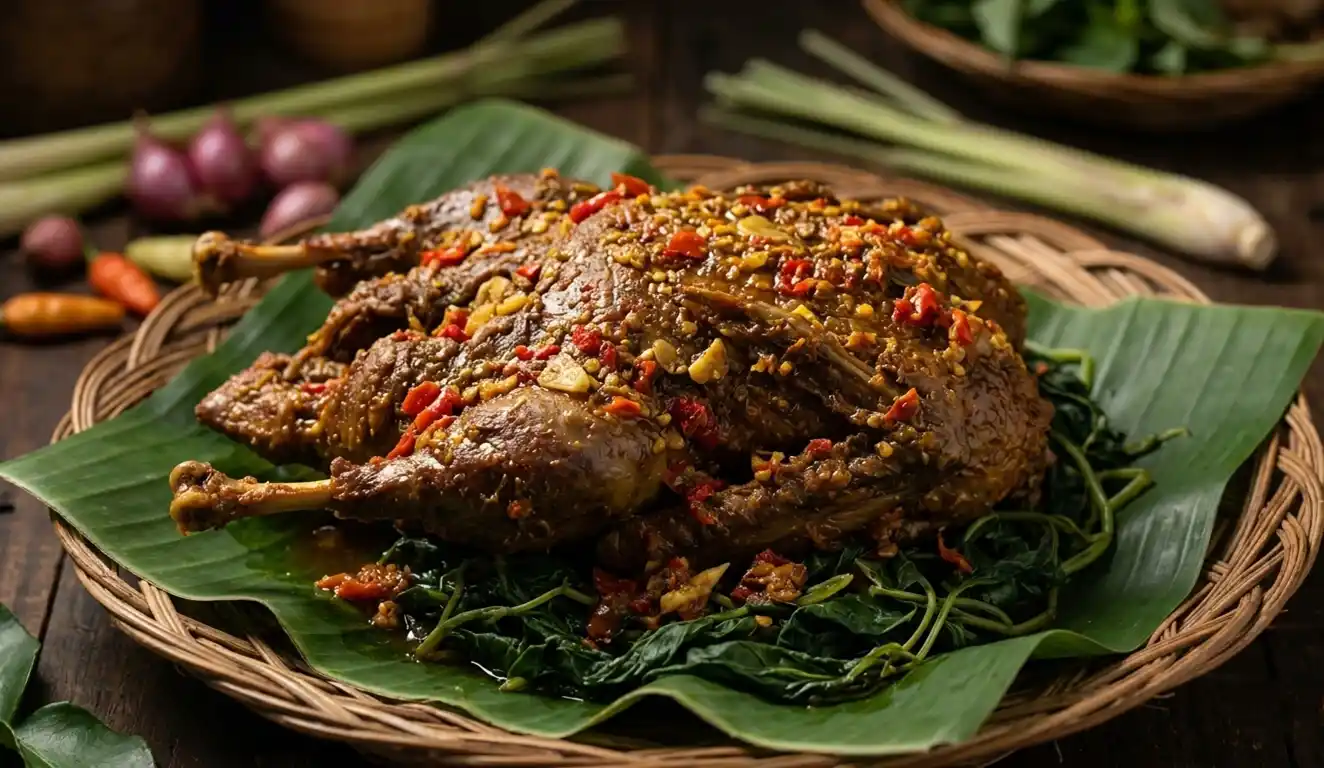 Bebek Betutu, traditional Balinese spiced duck served on banana leaf with rich chilli and spice coating.