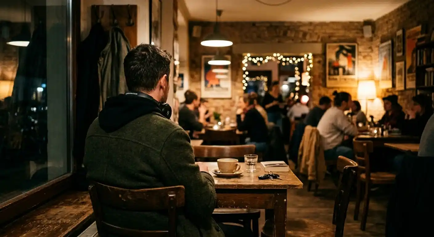 Man sitting alone inside dim café at night with a coffee cup.