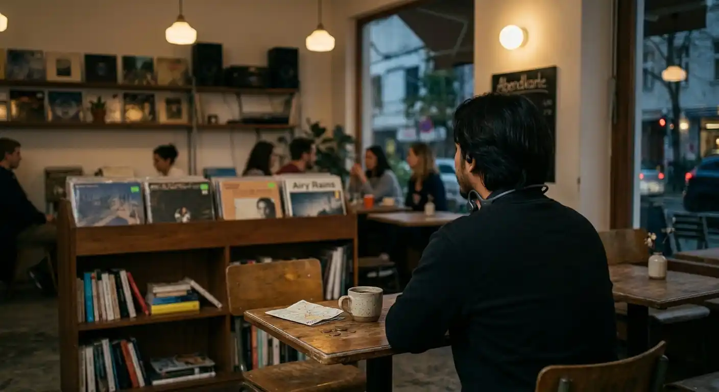 Pria duduk sendiri di dalam kafe redup pada malam hari dengan secangkir kopi.
