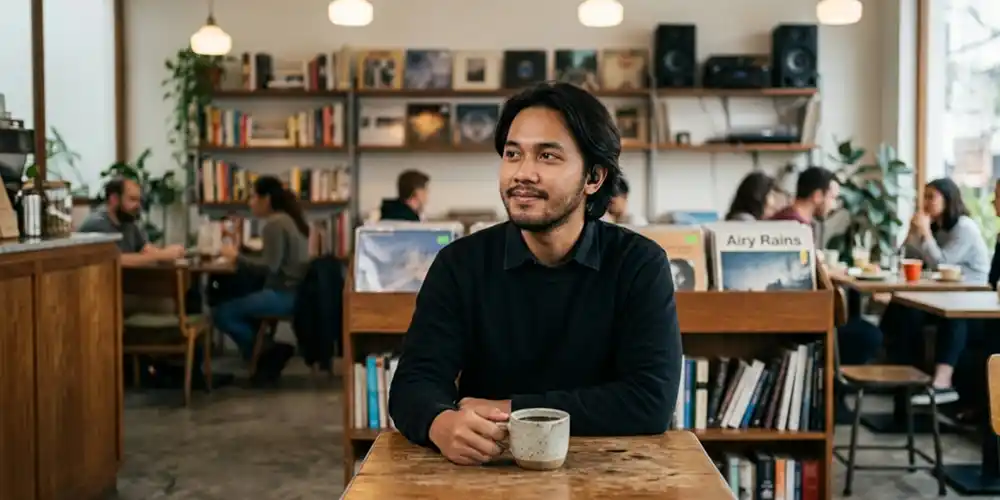 Pria duduk sendiri di meja kafe dengan secangkir kopi di interior kafe modern dengan pencahayaan hangat.