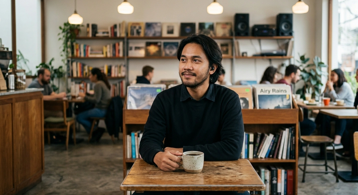 Pria duduk sendiri di meja kafe dengan secangkir kopi di interior kafe modern dengan pencahayaan hangat.