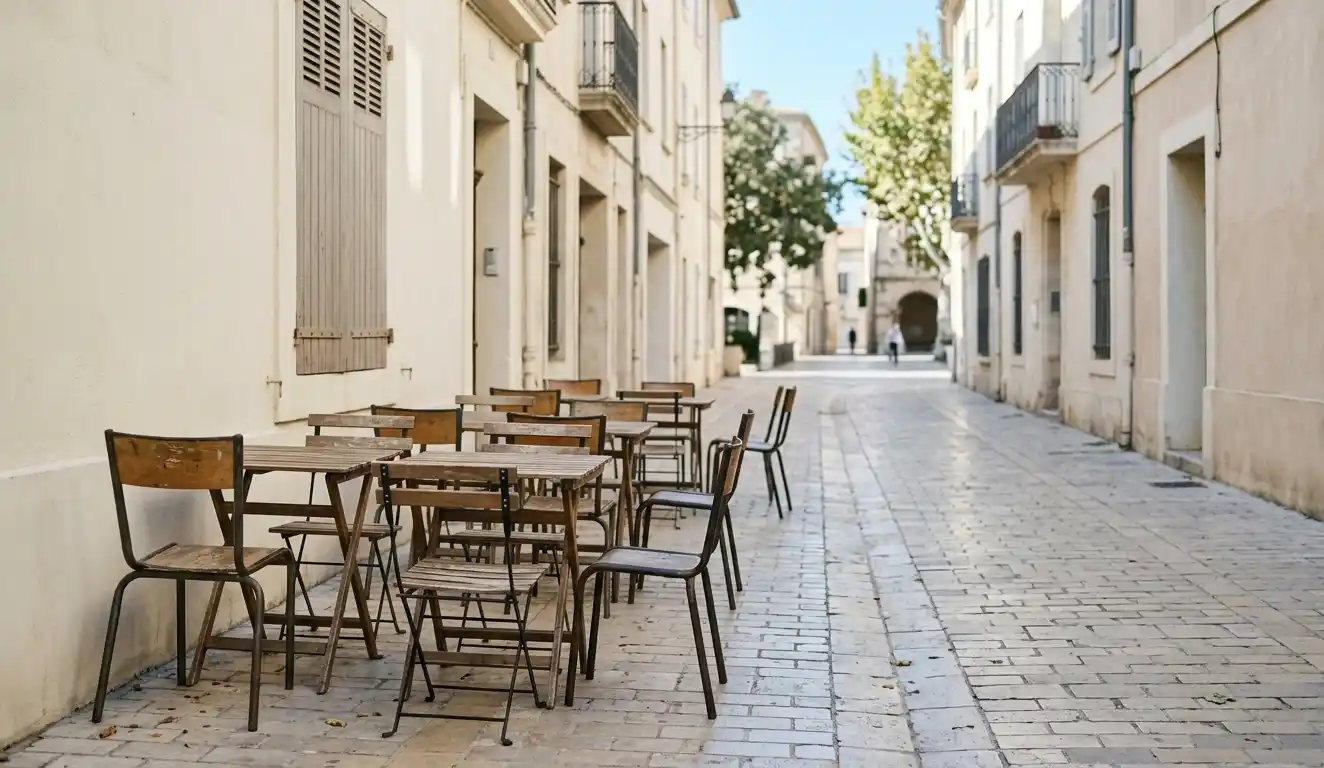 Empty outdoor tables and chairs on a bright pedestrian street before opening hours during the morning.