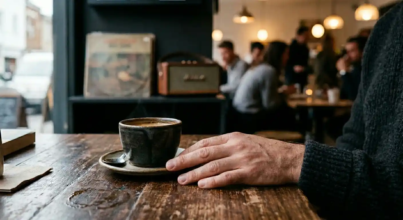 Close-up of coffee cup and hand on café table with blurred background interior.