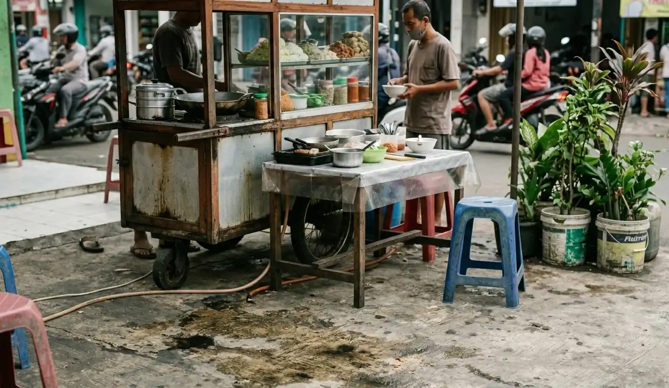A small roadside food stall in Jakarta with worn pavement marked by years of cooking activity and daily street life.