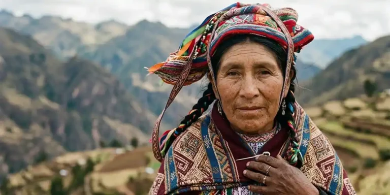 Close-up of an Andean woman in traditional clothing with colourful woven textiles, soft light and blurred mountain background.