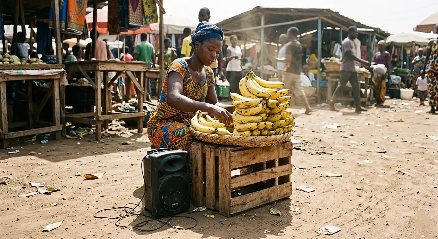Woman arranging bananas at a busy outdoor market with a small speaker on the ground in a dusty sunlit street.