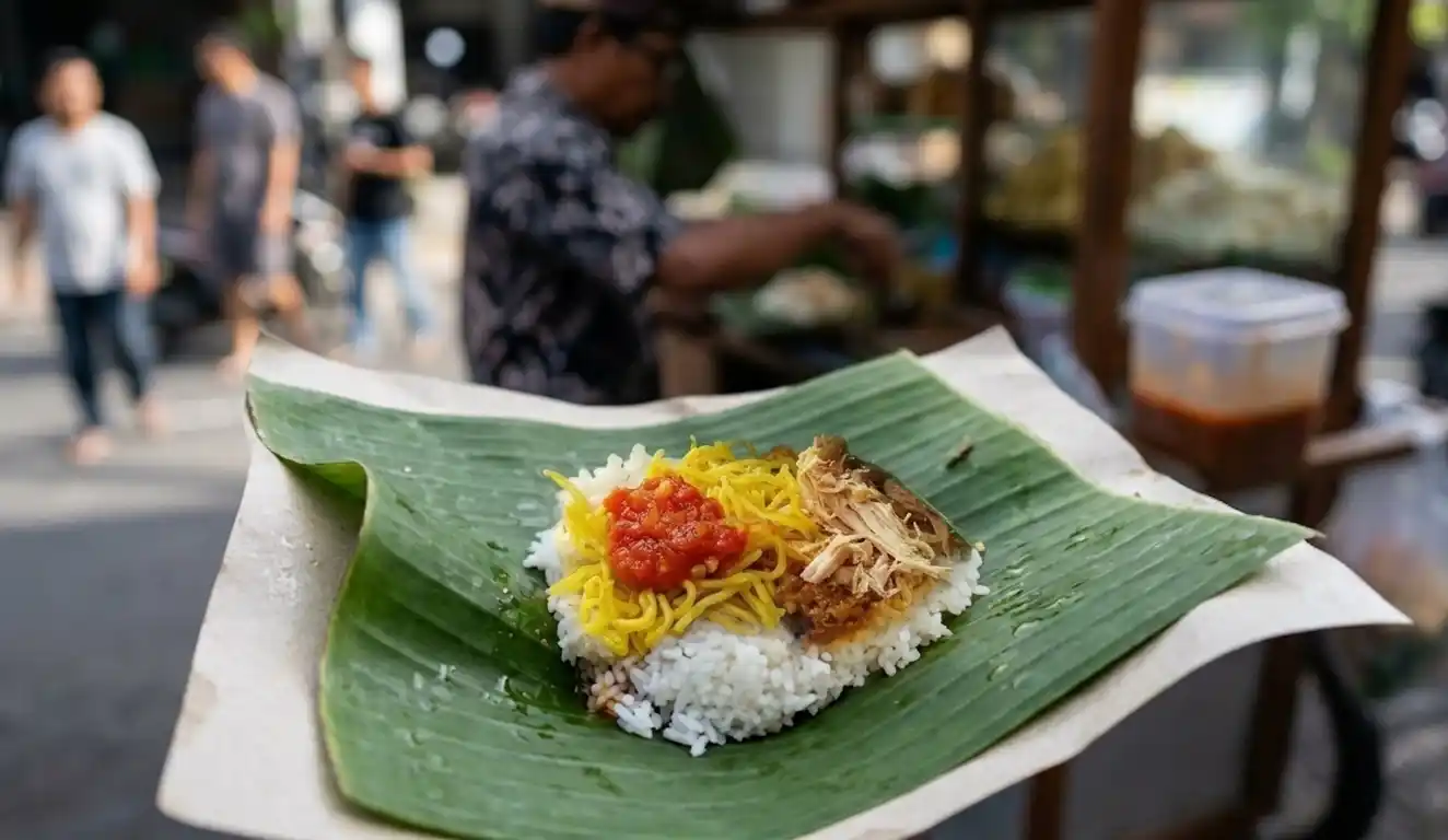 Nasi Jinggo served on banana leaf with rice, sambal, noodles and shredded chicken at a street stall.