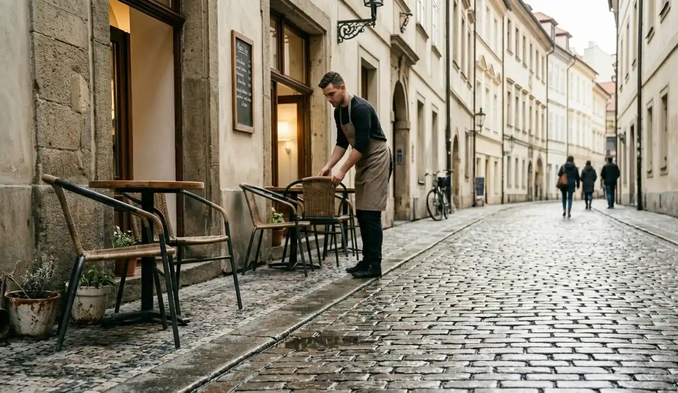 A café worker arranging chairs outside on a quiet cobblestone street in Prague during the early morning.