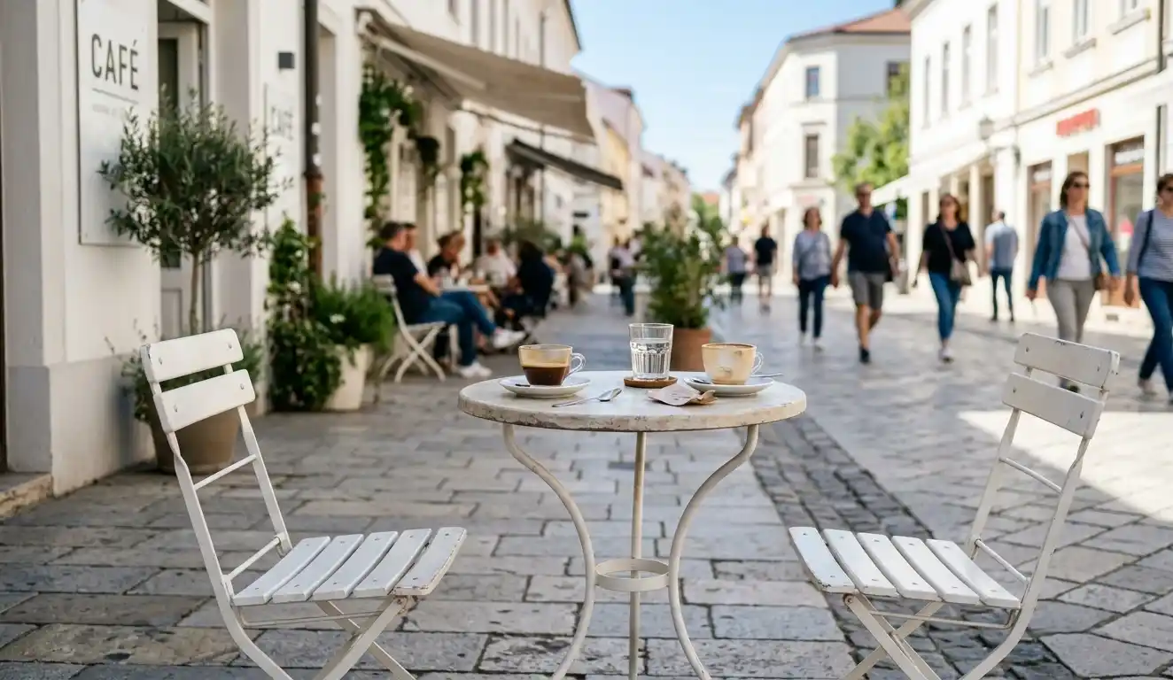 An outdoor café table with empty chairs and half-finished drinks on a bright pedestrian street during daytime.