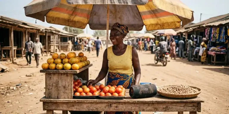 Woman selling oranges and tomatoes at a roadside market under a colourful umbrella, with a small speaker on the stall in a sunlit West African street.